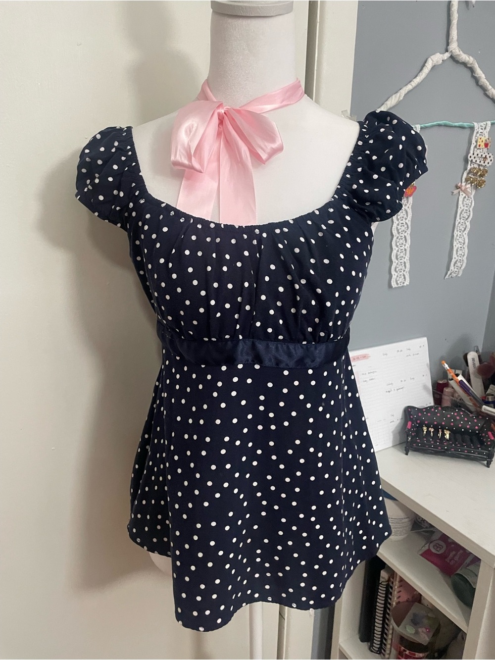 Velvet Navy and White Polka Dot Puff-Sleeve Tunic